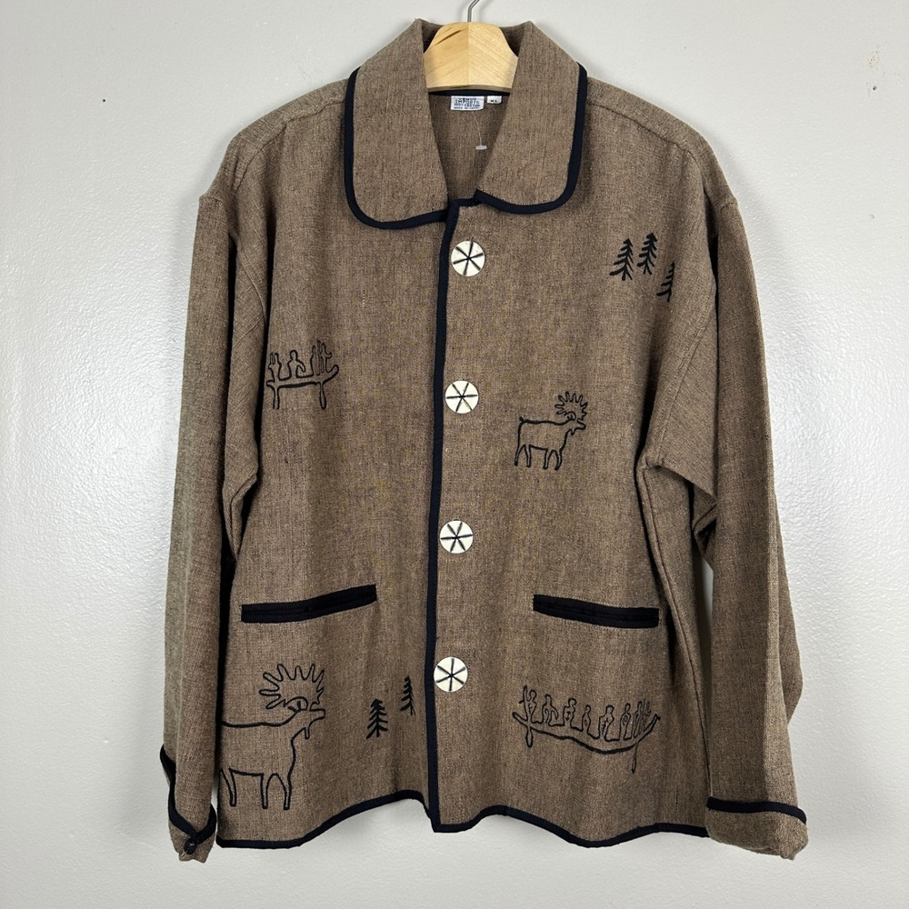 Venus‎ Imports Women's XL Jacket Brown Cotton Embroidered Moose Nepal Artisan